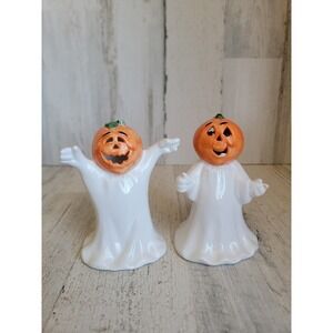 Vintage Jack O'Lantern ghost tea light candle holder ceramic Xmas home set